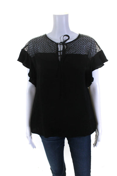 Milly Womens Mesh Shoulder Ruffled Cap Sleeve V-Neck Blouse Top Black Size M