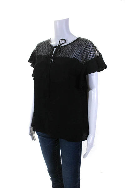 Milly Womens Mesh Shoulder Ruffled Cap Sleeve V-Neck Blouse Top Black Size M