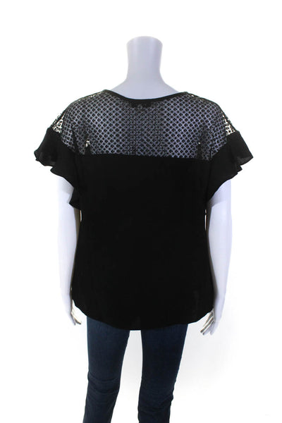 Milly Womens Mesh Shoulder Ruffled Cap Sleeve V-Neck Blouse Top Black Size M