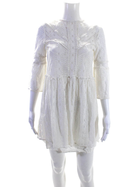 Sezane Women's Round Neck 3/4 sleeves Lace Tiered Mini Dress White Size 34