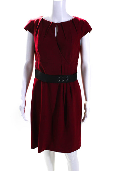 Kay Unger Womens Pleated Collared Boat Neck Short Sleeve Zip Up Dress Red Sie 10