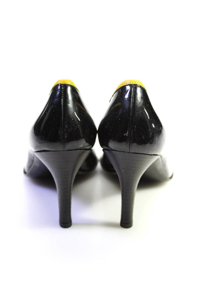 Priori Womens Black Yellow Trim Leather Pointed Toe Heels Pumps Shoes Size 6.5