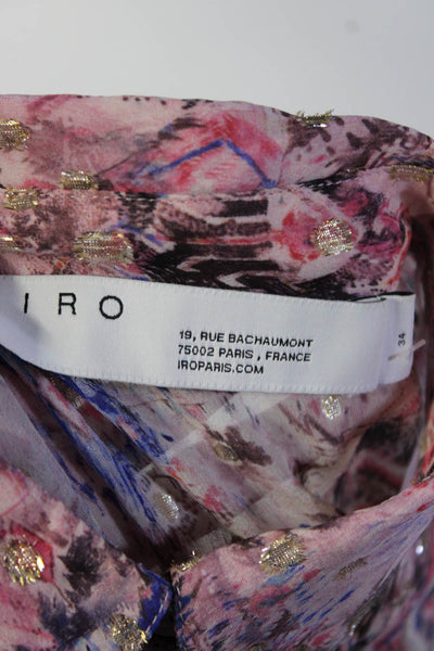 IRO Womens Metallic Silk Collared V-Neck Short Sleeve Dress Pink Size 34