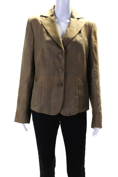 Akris Womens 100% Silk Striped Three Button Collared Blazer Brown Green Size 12