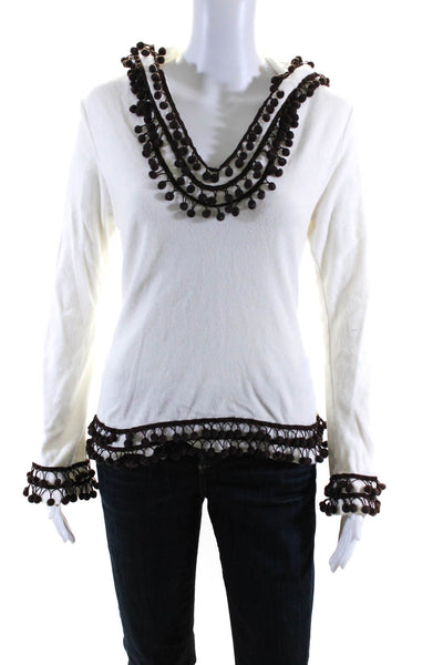 Tory Burch Women's Hood V-Neck Long Sleeves Tassel Sweatshirt White Size S