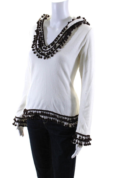 Tory Burch Women's Hood V-Neck Long Sleeves Tassel Sweatshirt White Size S