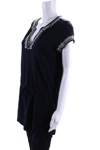 Tory Burch Women's Round Neck Short Sleeve Cinch Tunic Blouse Navy Blue Size M