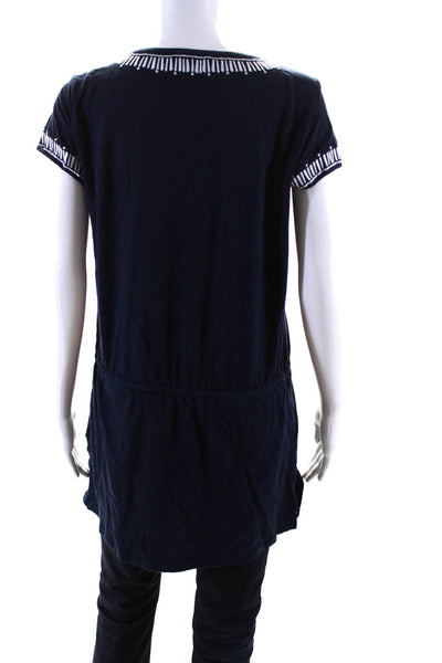 Tory Burch Women's Round Neck Short Sleeve Cinch Tunic Blouse Navy Blue Size M