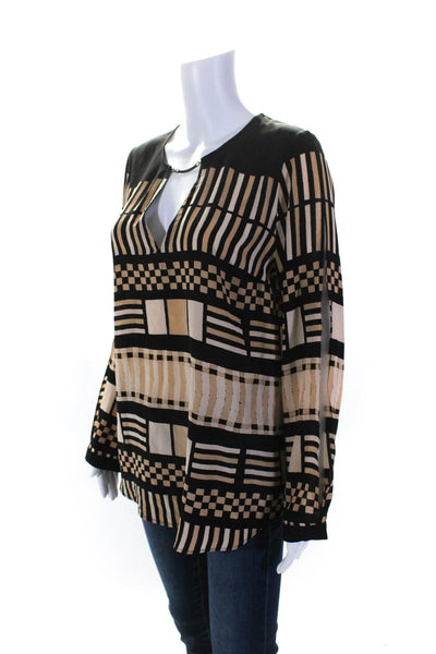 Tracy Reese Womens Abstract Print Keyhole Long Sleeve Blouse Multicolor Size L