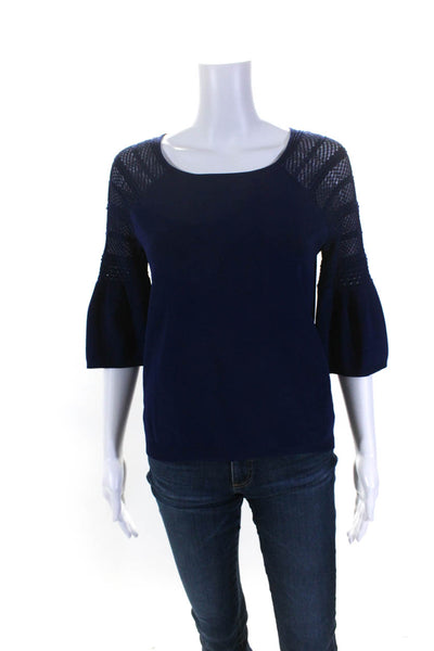 Karen Millen Womens Tight-Knit Ribbed Hem Flounce Sleeve Top Navy Blue Size M