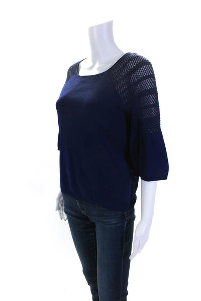 Karen Millen Womens Tight-Knit Ribbed Hem Flounce Sleeve Top Navy Blue Size M