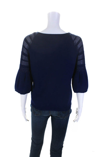 Karen Millen Womens Tight-Knit Ribbed Hem Flounce Sleeve Top Navy Blue Size M