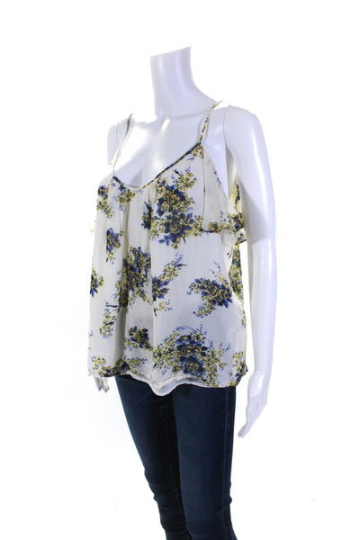 Joie Womens Silk Chiffon Floral Print Cold Shoulder Blouse White Blue Size M