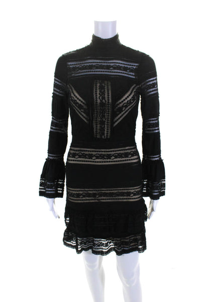 Parker Womens Black Cotton Lace High Neck Long Sleeve Lined Shift Dress Size 0