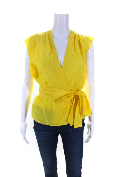 Joie Womens Ashlene Sleeveless Raw Hem Wrap Top Blouse Empire Yellow Size XS