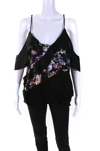 Parker Womens Floral Ruffled Spaghetti Strap V Neck Tank Blouse Black Size M