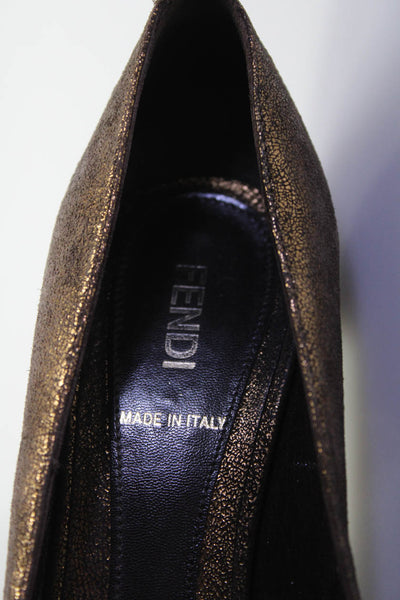 Fendi Womens Block Heel Metallic Peep Toe Pumps Brown Suede Size 37.5