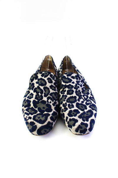 J Crew Womens Leopard Print Woven Leather Slip On Loafers Blue White Size 8.5