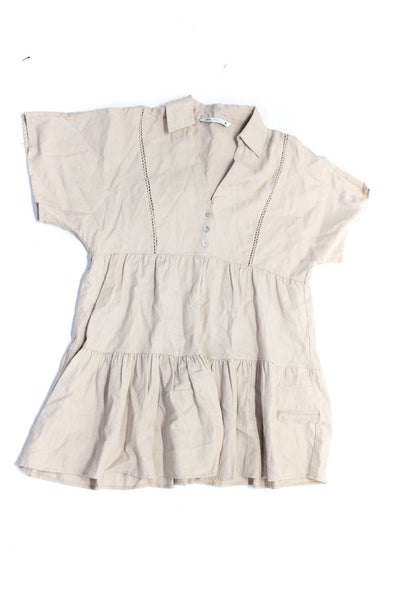 Zara Womens Short Sleeve V Neck Tiered Shift Dress Beige Size M L Lot 3