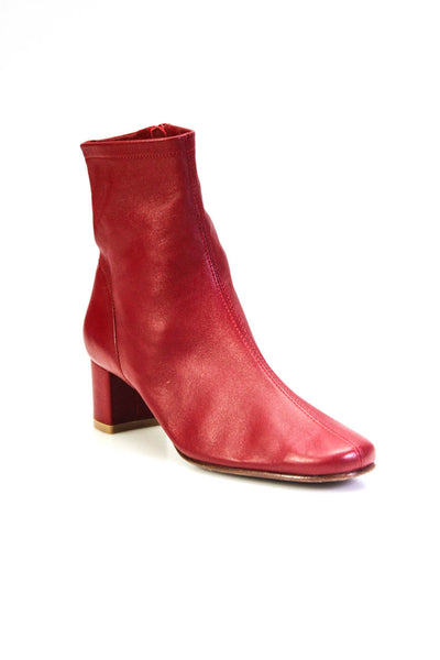 By Far Women's Round Toe Zip Closure Block Heels Leather Ankle Boot Red Size 6