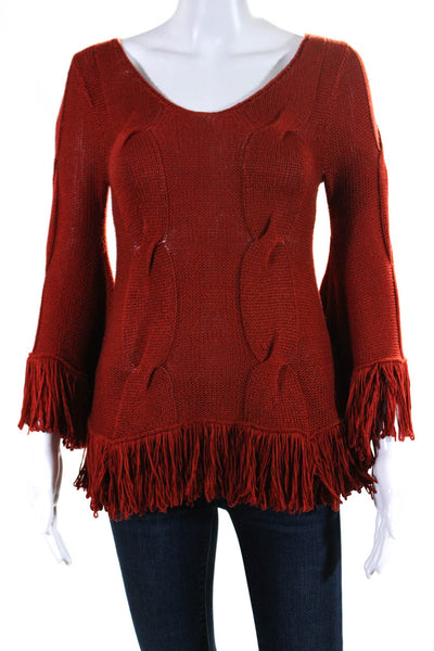 Towne Womens Cable Knit Fringe Trim Pullover Sweater Red Size Small