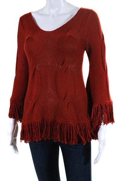 Towne Womens Cable Knit Fringe Trim Pullover Sweater Red Size Small