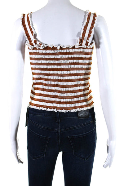 Veronica Beard Womens Striped Ruffled Tank Top White Brown Size Small