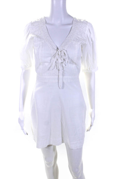 Joie Womens Lexie Embroidered Eyelet Short Sleeve V Neck Mini Dress White Size 0