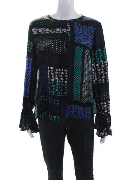 10 Crosby Derek Lam Womens Silk Abstract Long Sleeve Blouse Top Blue Size 4