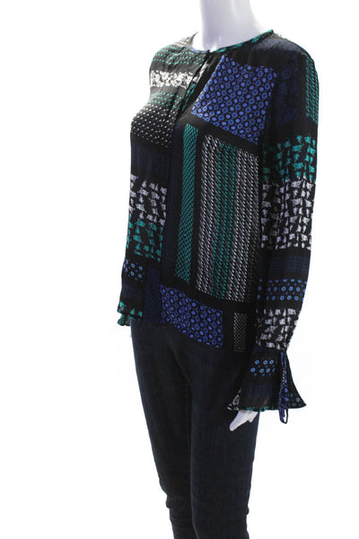 10 Crosby Derek Lam Womens Silk Abstract Long Sleeve Blouse Top Blue Size 4