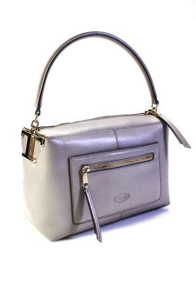 Tods Womens Top Handle T Case Logo Pocket Front Medium Shoulder Handbag Gray Lea