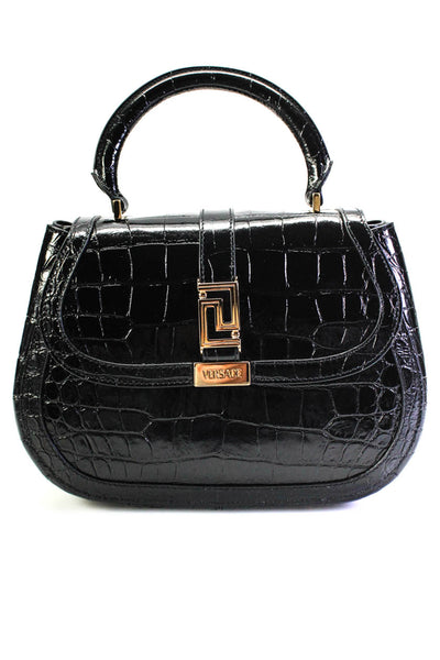 Versace Womens Top Handle Logo Flap Greca Goddess Shoulder Handbag Black Leather