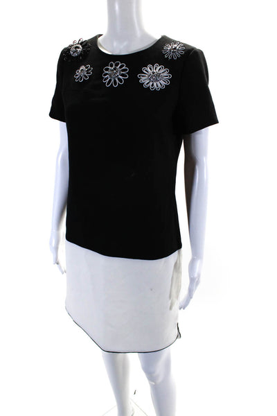 Raoul Womens Beaded Floral Applique Short Sleeves Dress Black White Size 4