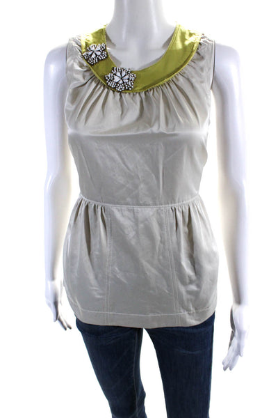 Vera Wang Lavender Label Womens Beaded Neck Belted Tank Top Beige Cotton Size 0