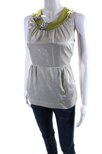 Vera Wang Lavender Label Womens Beaded Neck Belted Tank Top Beige Cotton Size 0