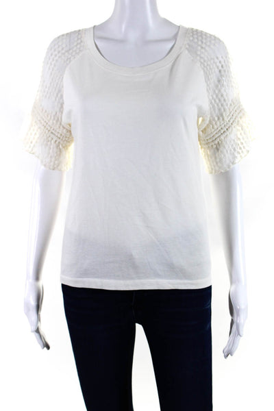 See by Chloe Womens Short Sleeve Lace Combo T shirt Blouse Off White Size M