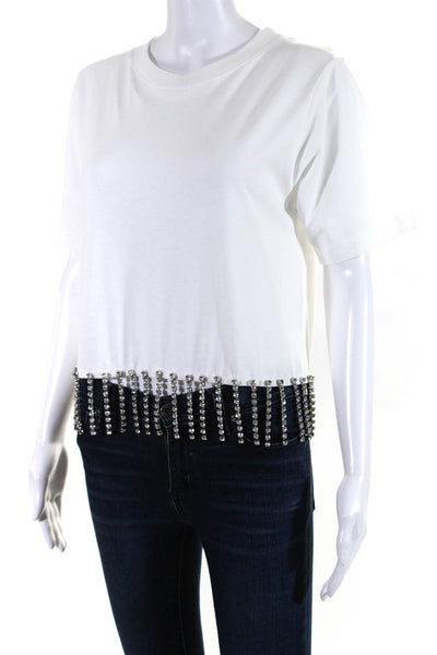 Christopher Kane Womens Short Sleeve Rhinestone Fringe T shirt White Size S