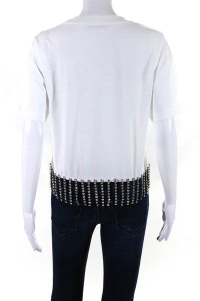 Christopher Kane Womens Short Sleeve Rhinestone Fringe T shirt White Size S