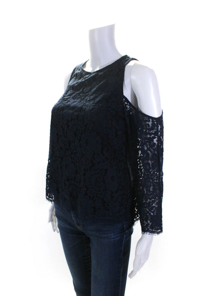 Joie Womens Floral Lace Print Cold Shoulder Bell Sleeve Blouse Navy Size XS