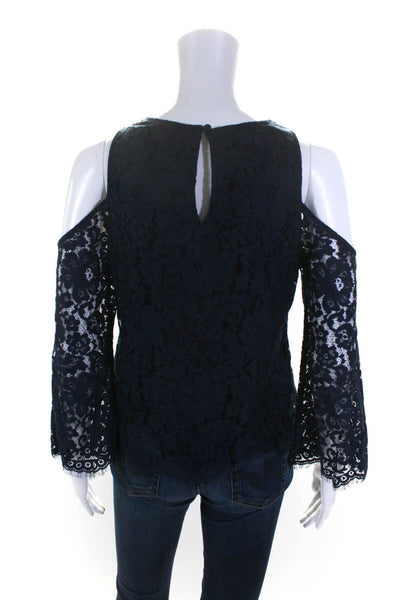 Joie Womens Floral Lace Print Cold Shoulder Bell Sleeve Blouse Navy Size XS