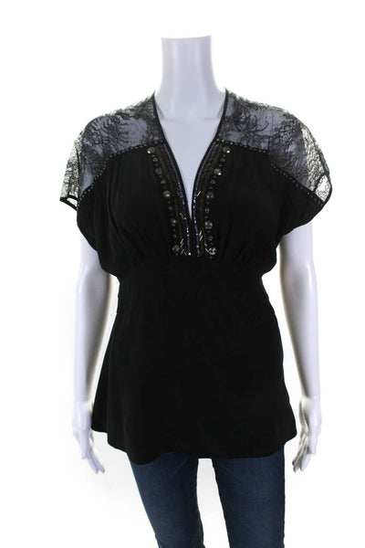 Nanette Lepore Womens Silk Floral Lace Side Zip Short Sleeve Blouse Black Size 4