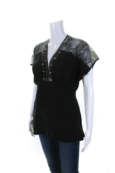 Nanette Lepore Womens Silk Floral Lace Side Zip Short Sleeve Blouse Black Size 4