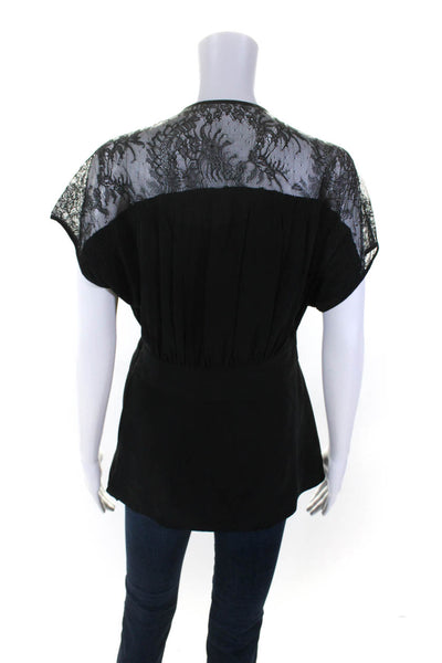 Nanette Lepore Womens Silk Floral Lace Side Zip Short Sleeve Blouse Black Size 4