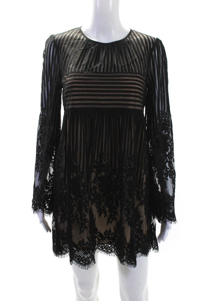 BCBGMAXAZRIA Womens Sheer Striped Round Neck Long Sleeve Dress Black Size XS