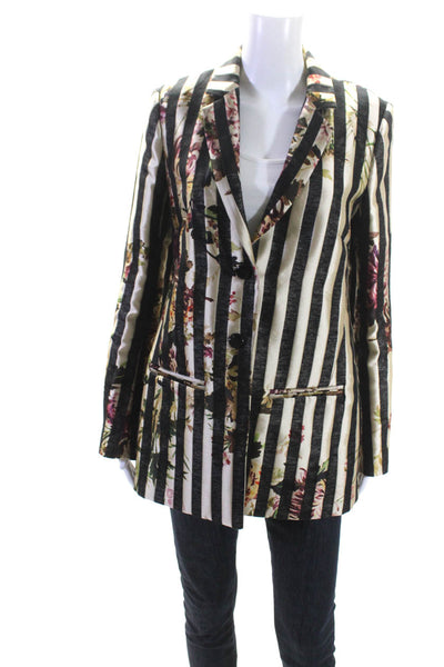Twin Set Simona Barbieri Womens Black Striped Floral Two Button Blazer Size L