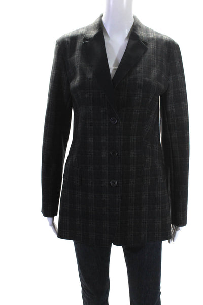 Schella Kann Womens Black Plaid Three Button Long Sleeve Blazer Size 40