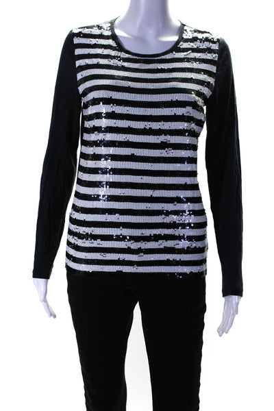 Michael Michael Kors Womens Cotton Sequin Striped Print Top Black White Size S
