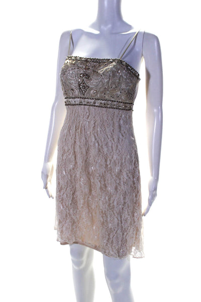 Sue Wong Womens Beaded Bodice Sleeveless Mini Empire Waist Dress Beige Size S
