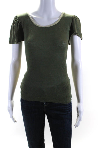 WYSE London Womens Linen Short Sleeves Tee Shirt Green Gold Size 5