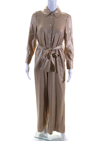 Staud Womens Sequin Collared Long Sleeve Button Up Jumpsuit Beige Size XS